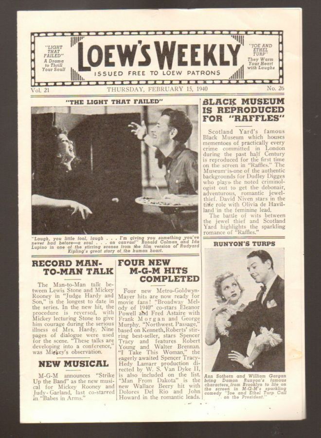 LOEWS WEEKLY magazine side cover 15 February 1940