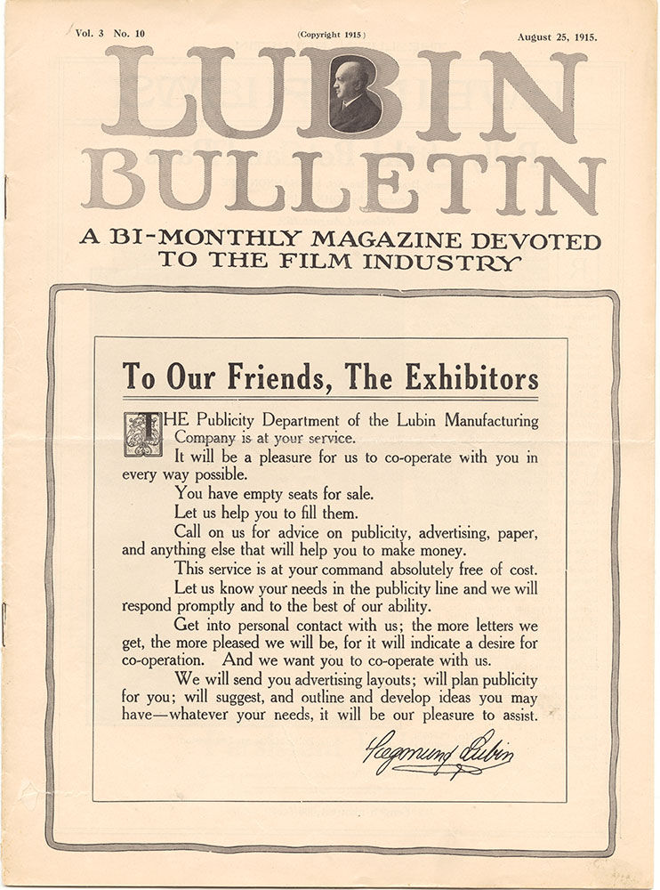LUBIN BULLETIN magazine side cover  Vol 3 No  10 25 August 1915