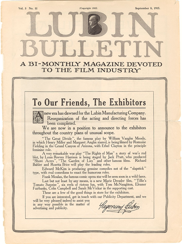 LUBIN BULLETIN magazine side cover  Vol 3 No  11 8 September 1915