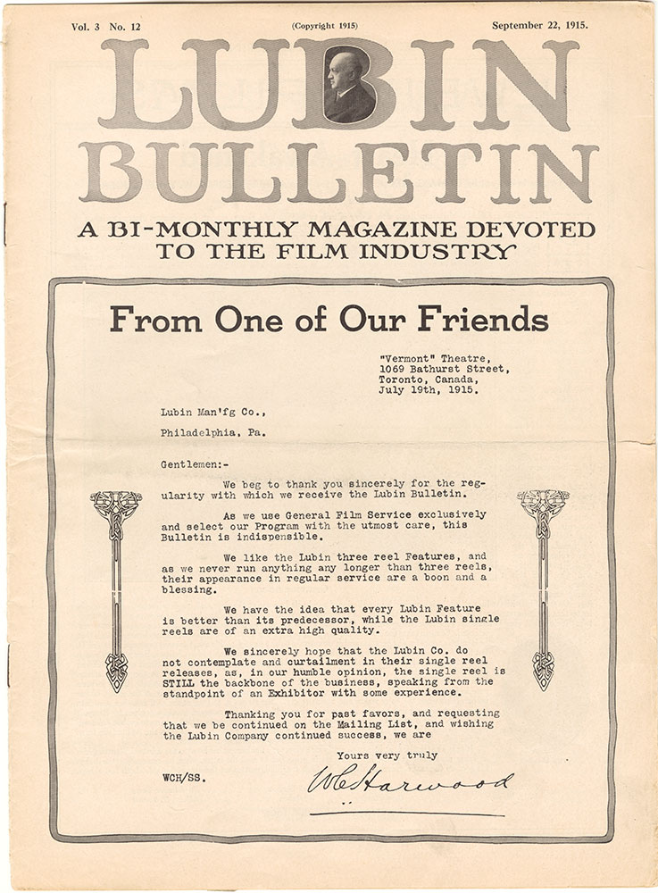 LUBIN BULLETIN magazine side cover  Vol 3 No  12 22 September 1915