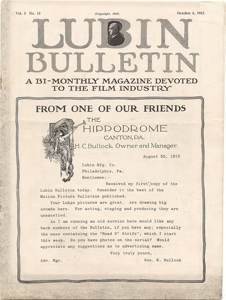 LUBIN BULLETIN magazine side cover  Vol 3 No  13 6 October 1915