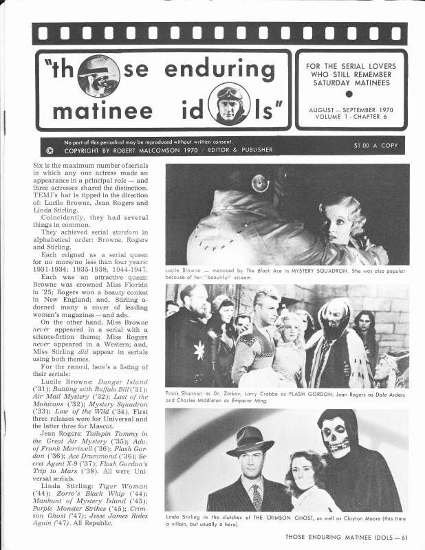 THOSE ENDURING MATINEE IDOLS magazine side cover Issue 6 August/Seprember 1970