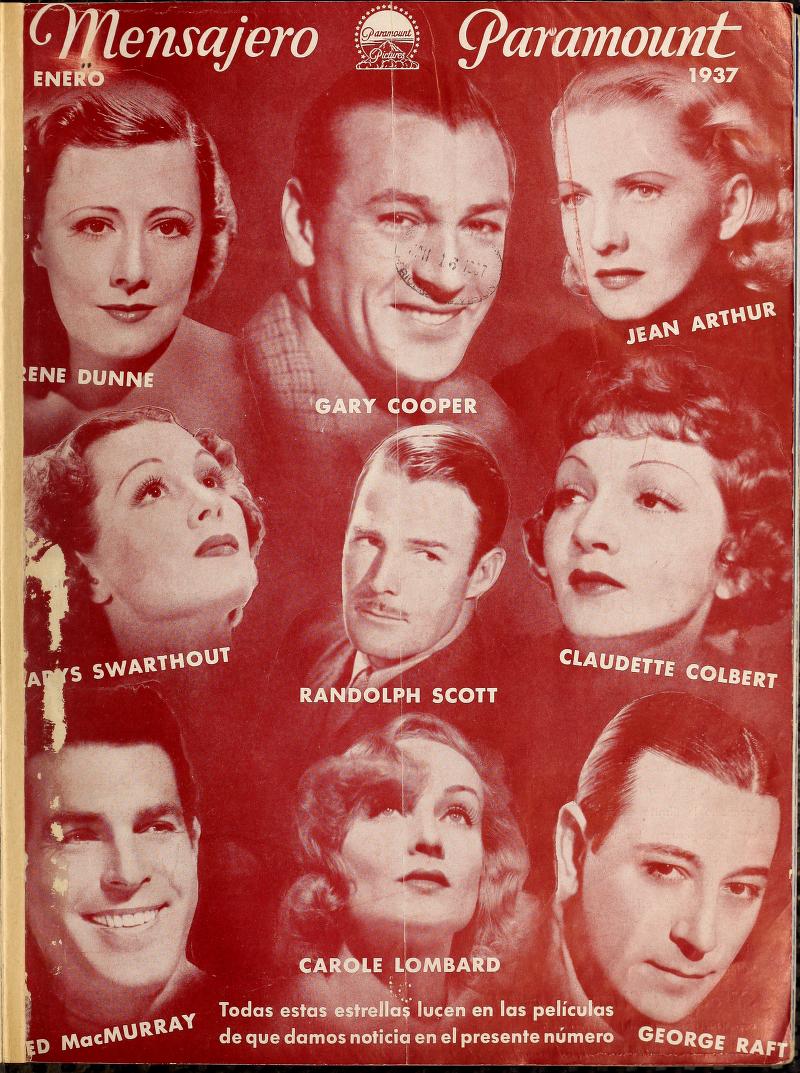 MENSAJERO PARAMOUNT magazine side cover  Vol 22 # 1 January 1937