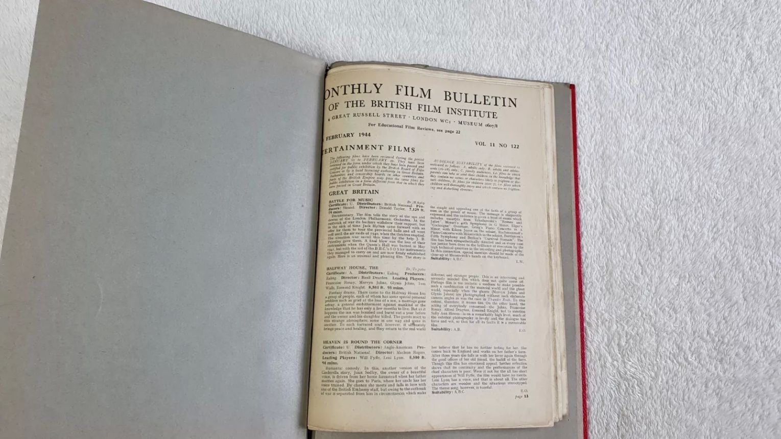 MONTHLY FILM BULLETIN magazine side cover Issue 122 February 1944