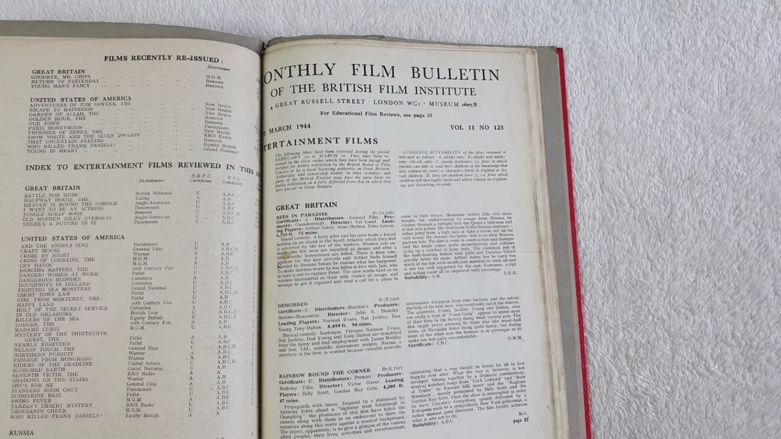 MONTHLY FILM BULLETIN magazine side cover Issue 123 March 1944