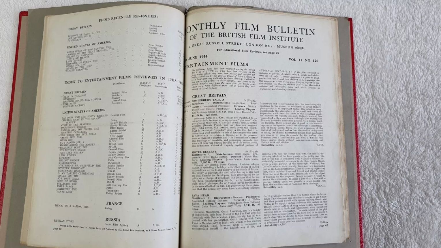MONTHLY FILM BULLETIN magazine side cover Issue 126 June 1944