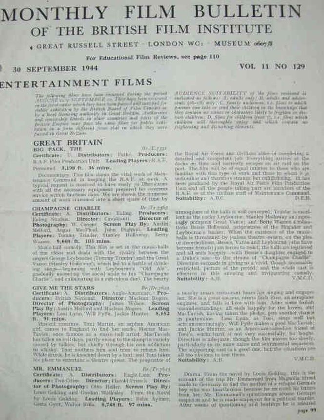 MONTHLY FILM BULLETIN magazine side cover Issue 129 September 1944