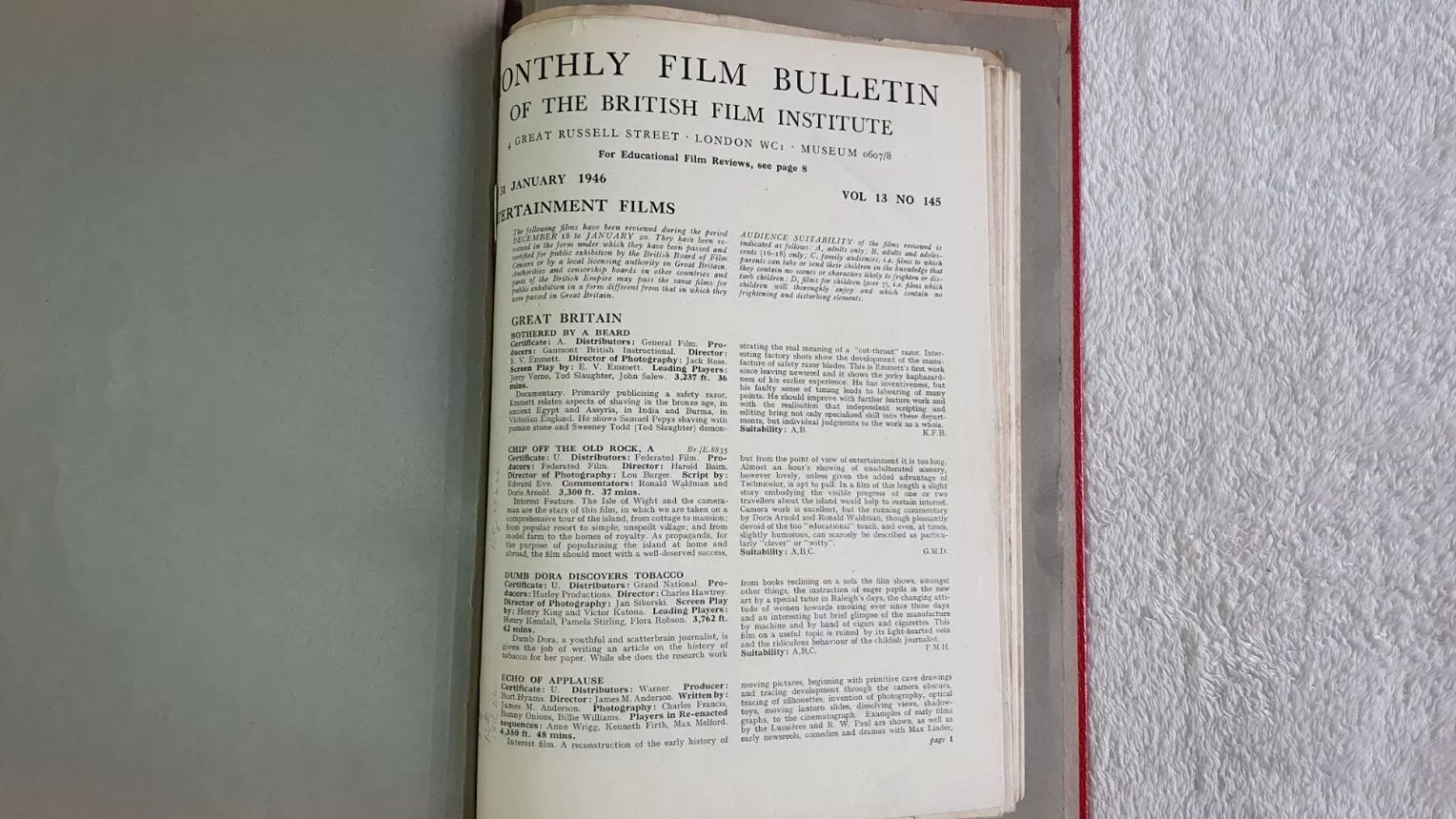 MONTHLY FILM BULLETIN magazine side cover Issue 145 January 1946