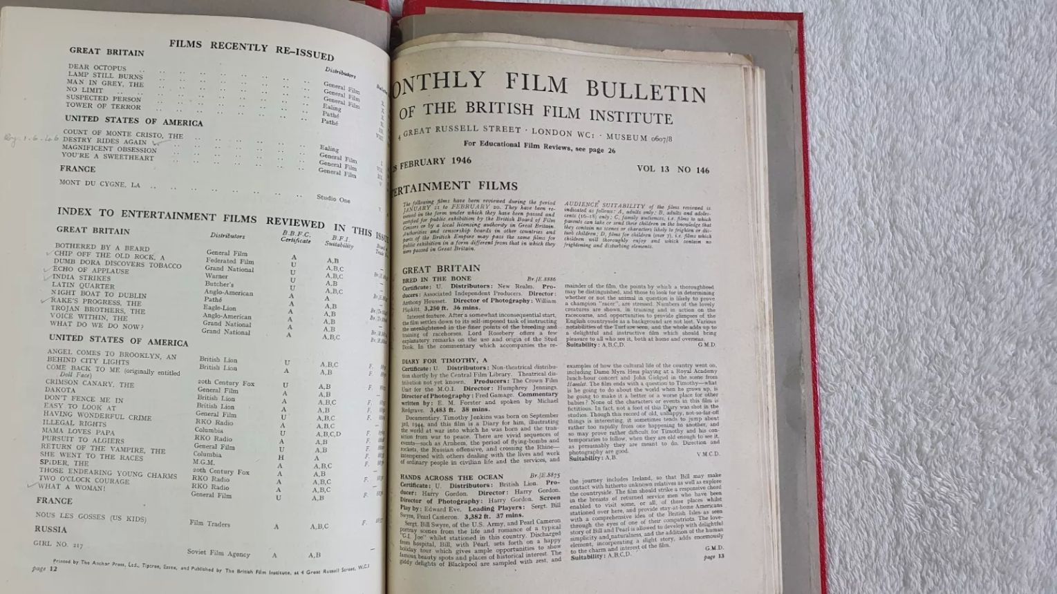 MONTHLY FILM BULLETIN magazine side cover Issue 146 February 1946