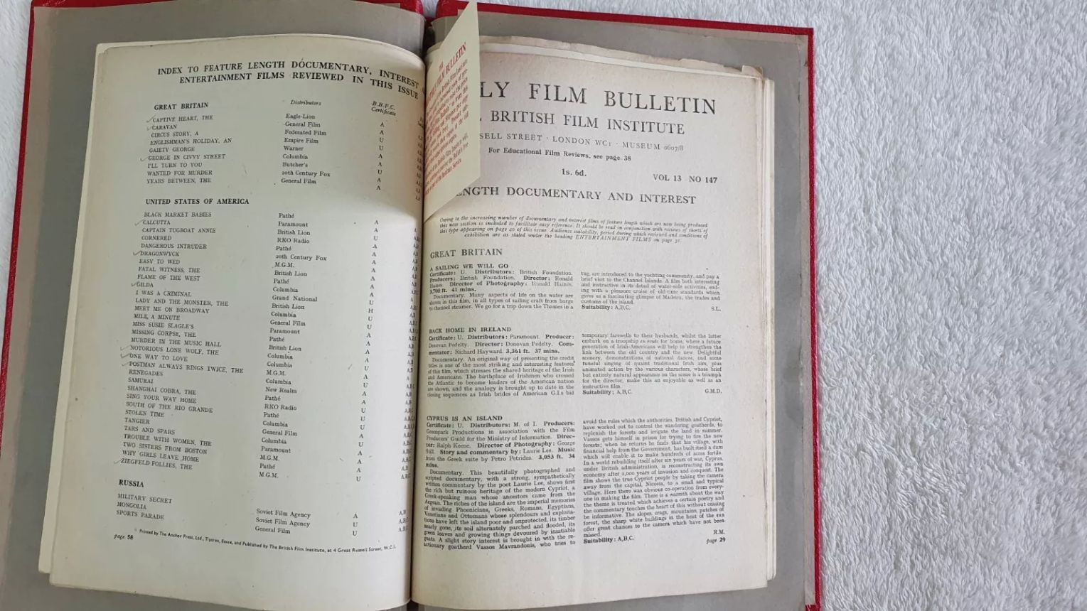MONTHLY FILM BULLETIN magazine side cover Issue 147 March 1946