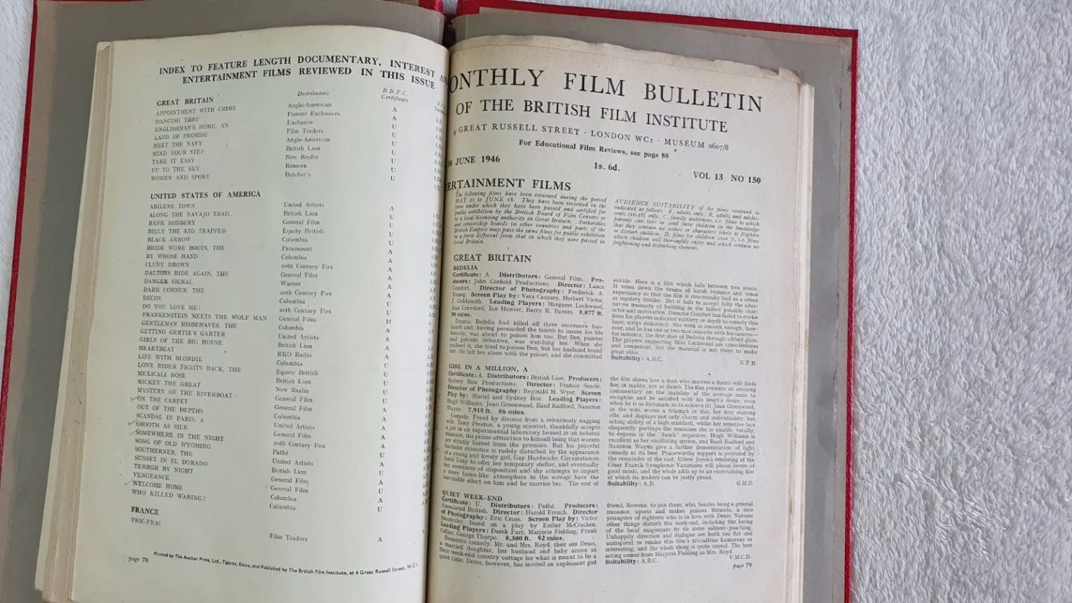 MONTHLY FILM BULLETIN magazine side cover Issue 150 June 1946