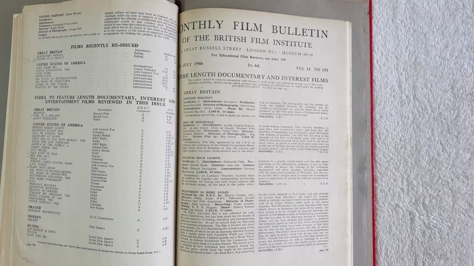 MONTHLY FILM BULLETIN magazine side cover Issue 151 July 1946