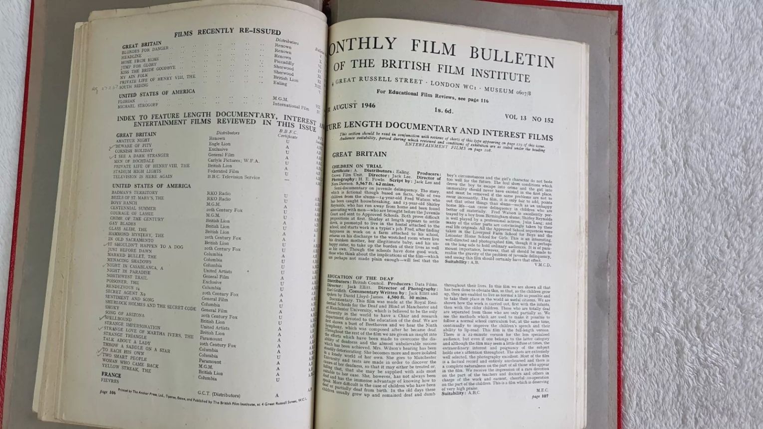MONTHLY FILM BULLETIN magazine side cover Issue 152 August 1946