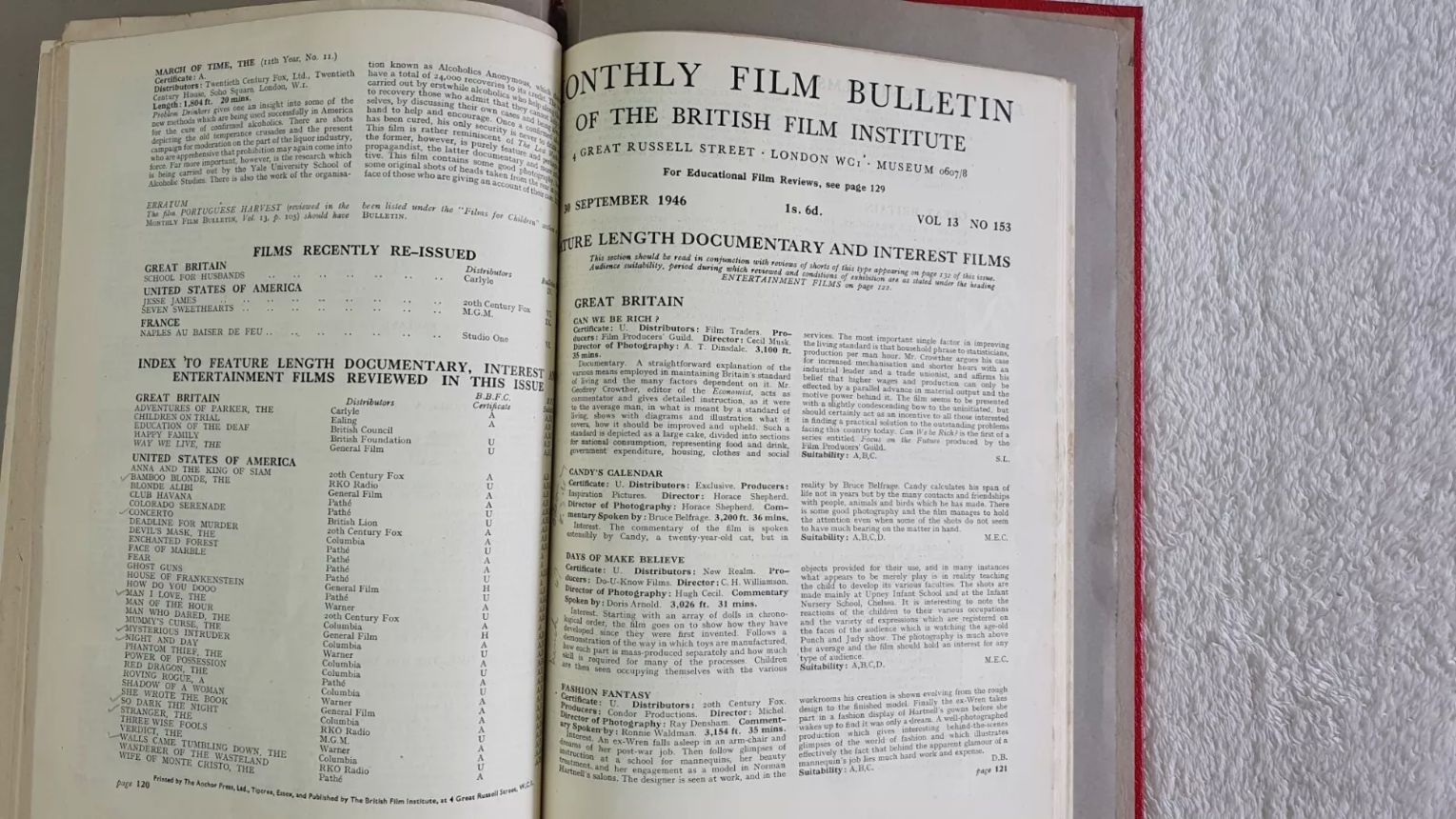 MONTHLY FILM BULLETIN magazine side cover Issue 153 September 1946
