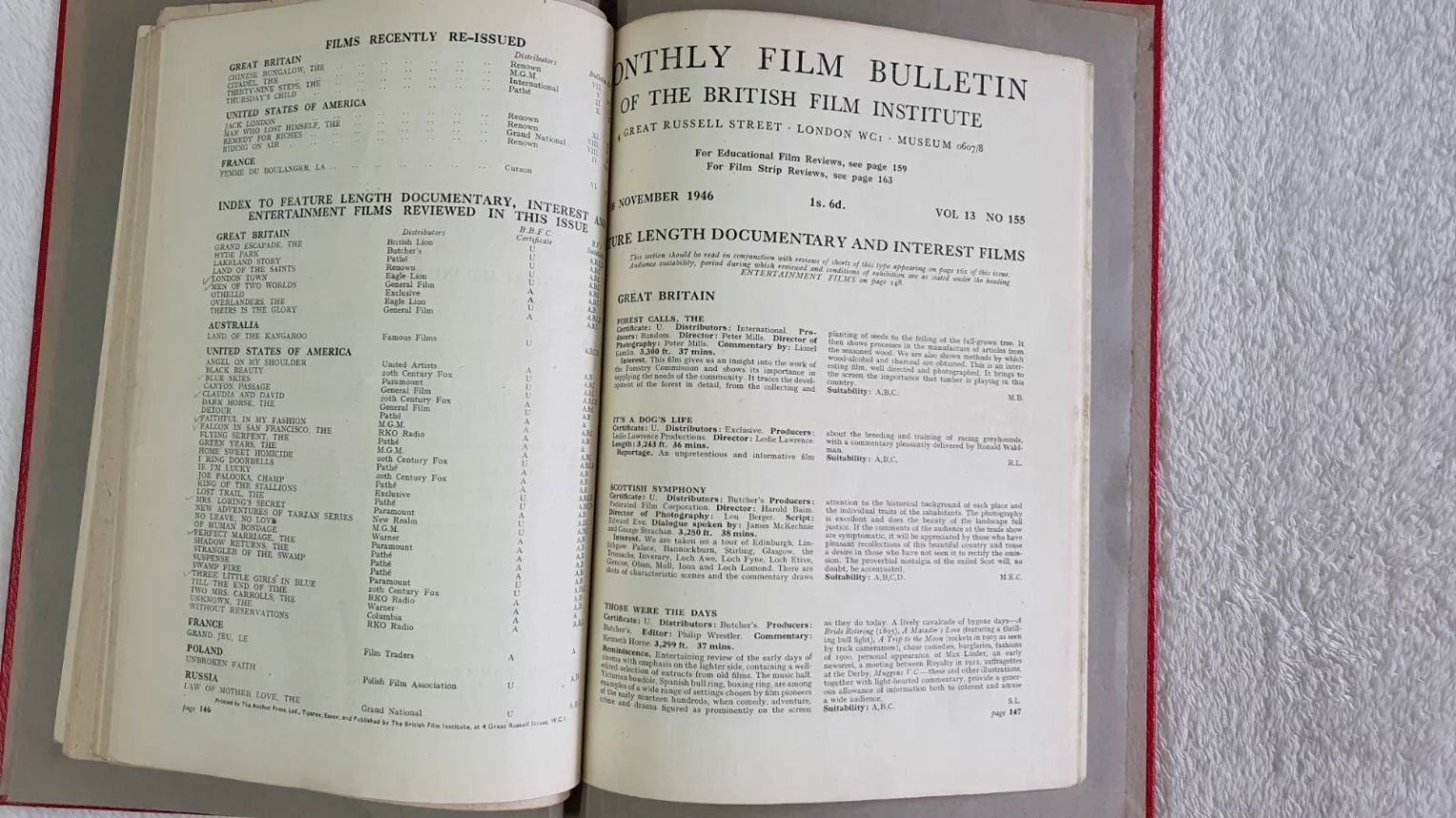 MONTHLY FILM BULLETIN magazine side cover Issue 155 November 1946