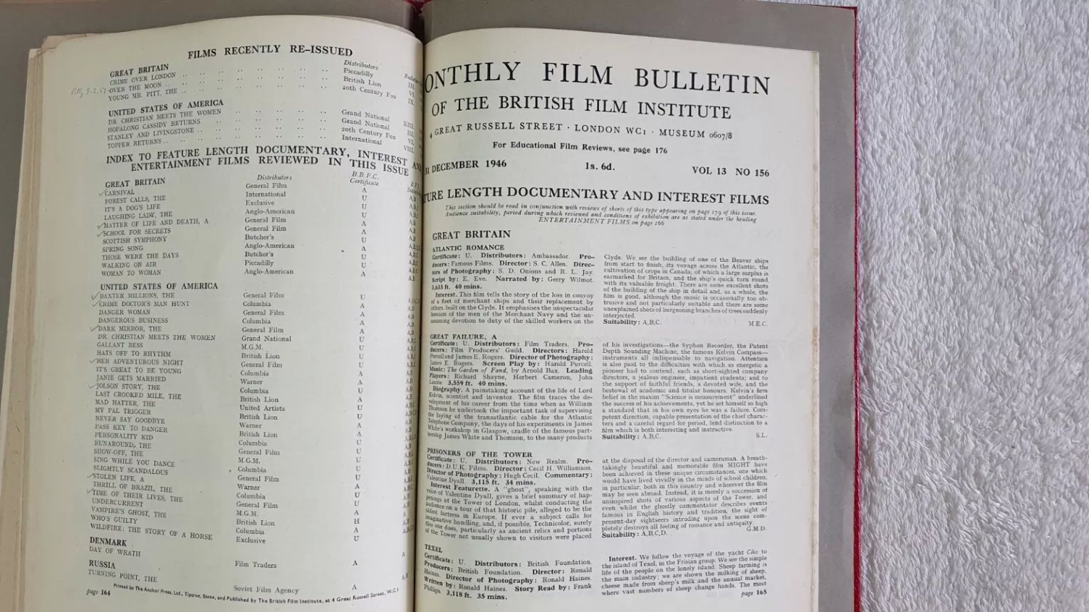 MONTHLY FILM BULLETIN magazine side cover Issue 156 December 1946