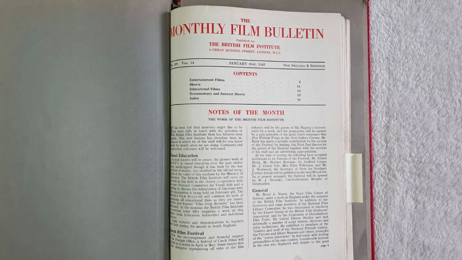 MONTHLY FILM BULLETIN magazine side cover Issue 157 January 1947