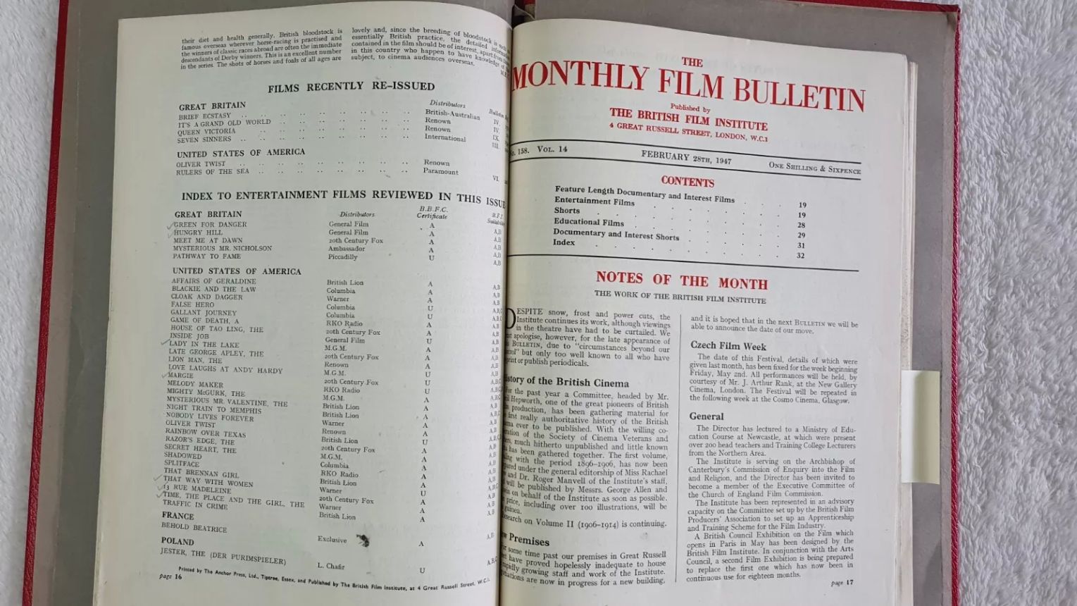 MONTHLY FILM BULLETIN magazine side cover Issue 158 February 1947