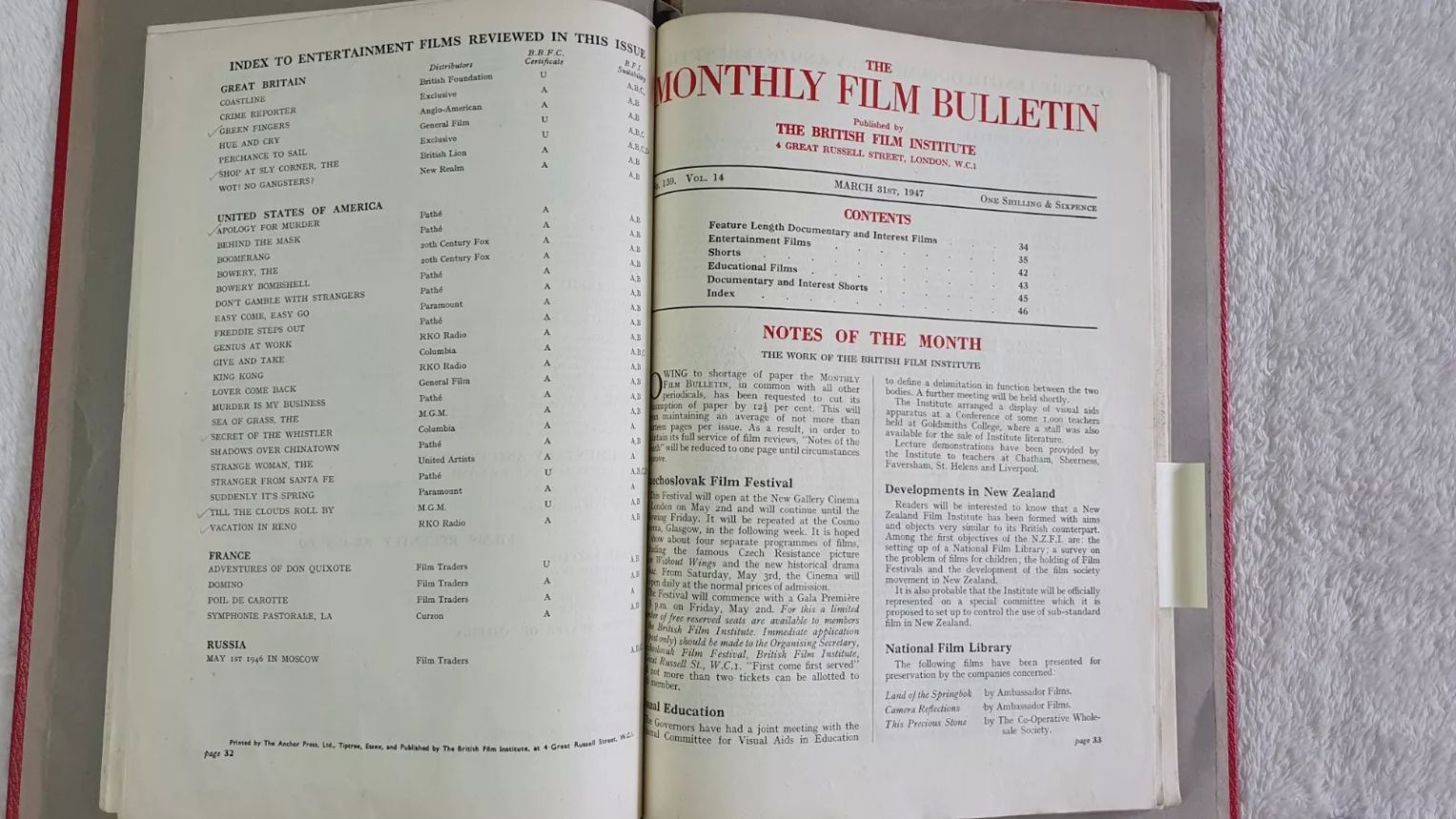 MONTHLY FILM BULLETIN magazine side cover Issue 159 March 1947