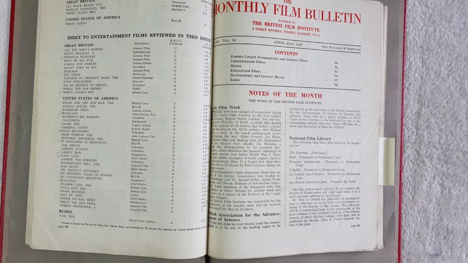 MONTHLY FILM BULLETIN magazine side cover Issue 160 April 1947