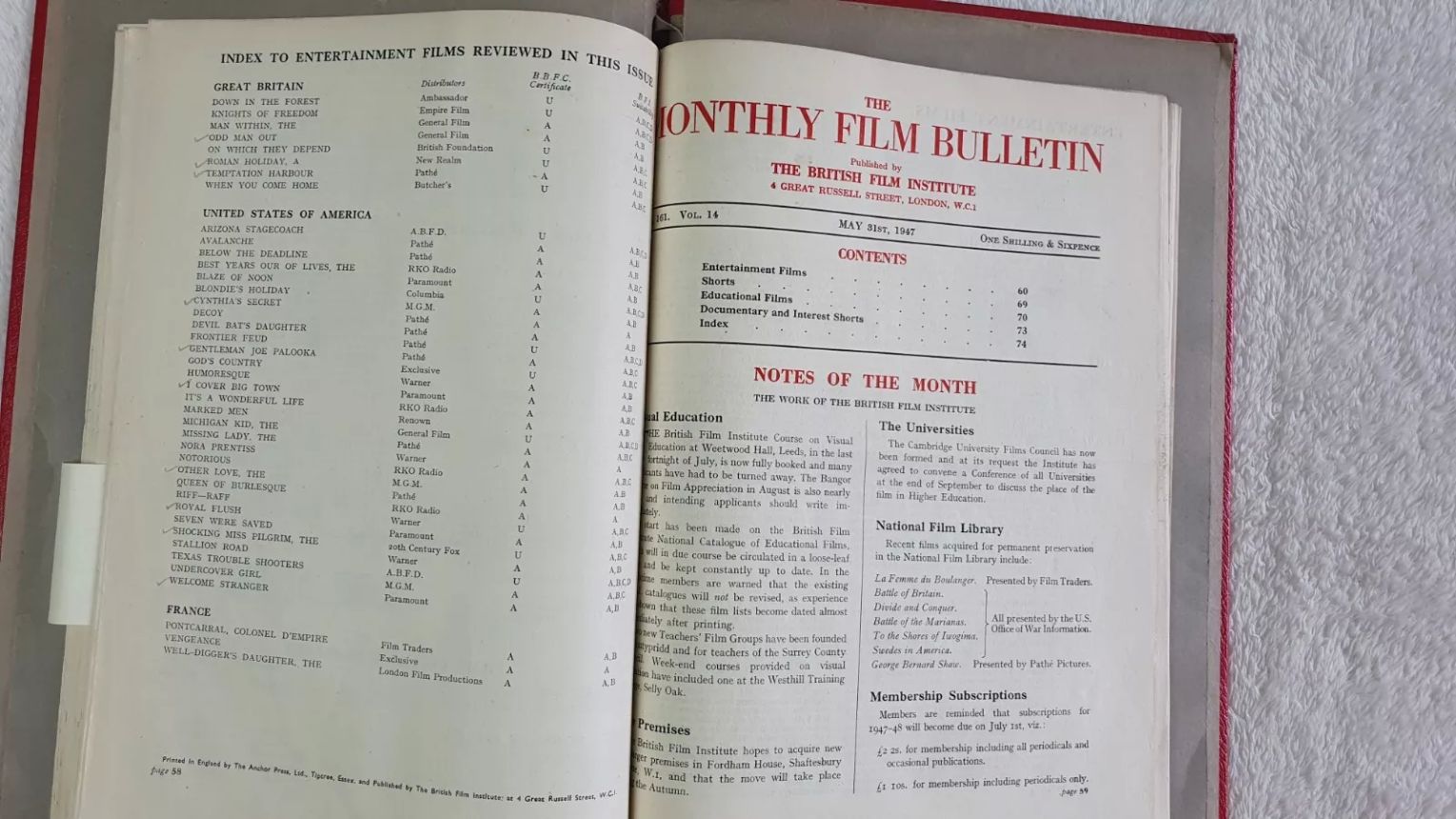 MONTHLY FILM BULLETIN magazine side cover Issue 161 May 1947