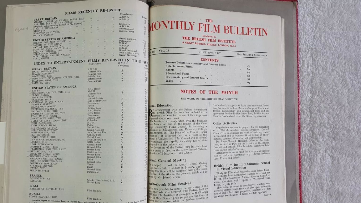 MONTHLY FILM BULLETIN magazine side cover Issue 162 June 1947