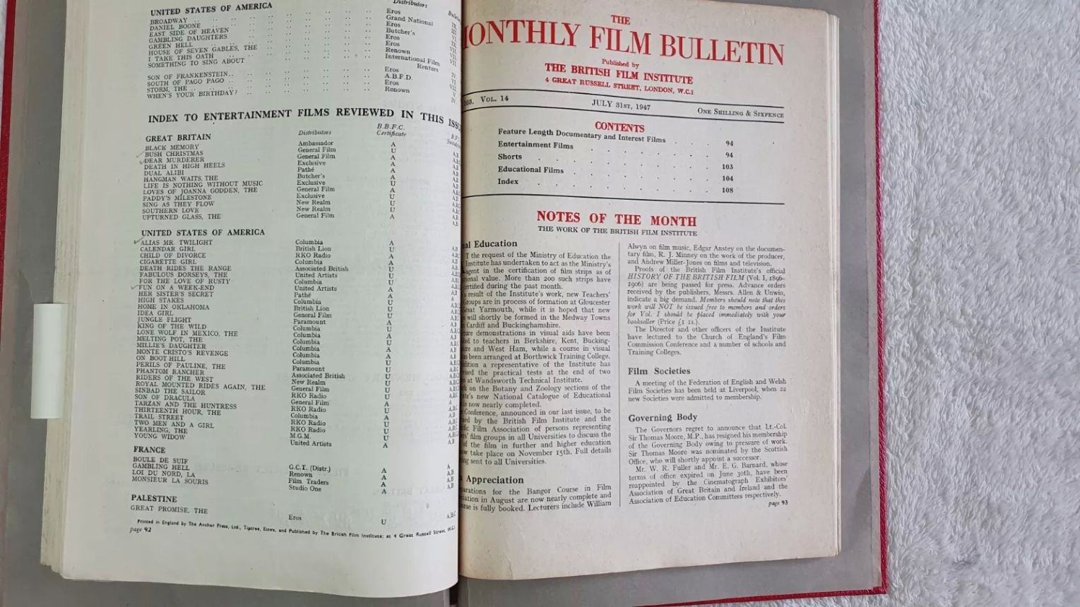 MONTHLY FILM BULLETIN magazine side cover Issue 163 July 1947