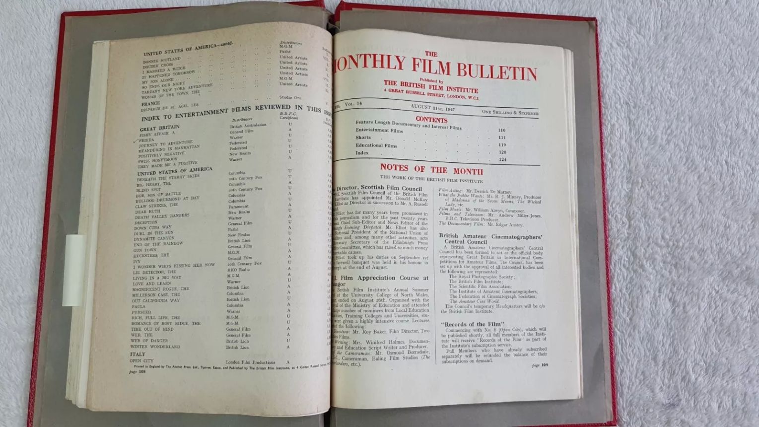 MONTHLY FILM BULLETIN magazine side cover Issue 164 August 1947