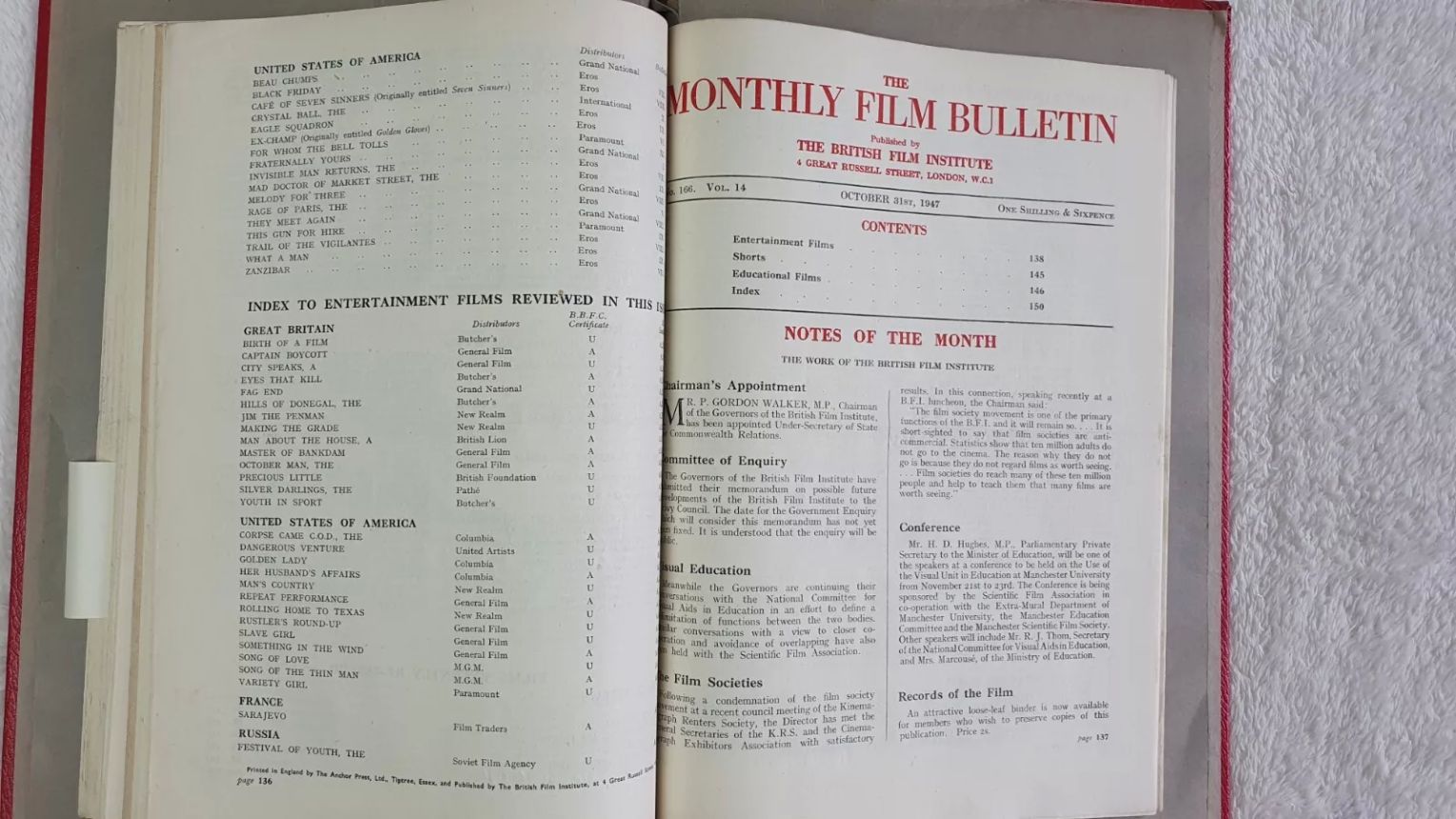 MONTHLY FILM BULLETIN magazine side cover Issue 166 October 1947