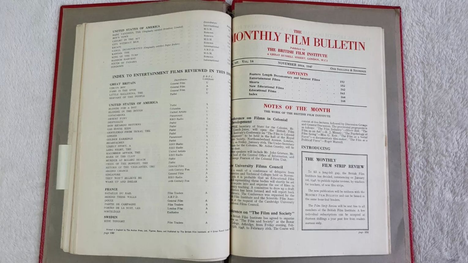 MONTHLY FILM BULLETIN magazine side cover Issue 167 November 1947