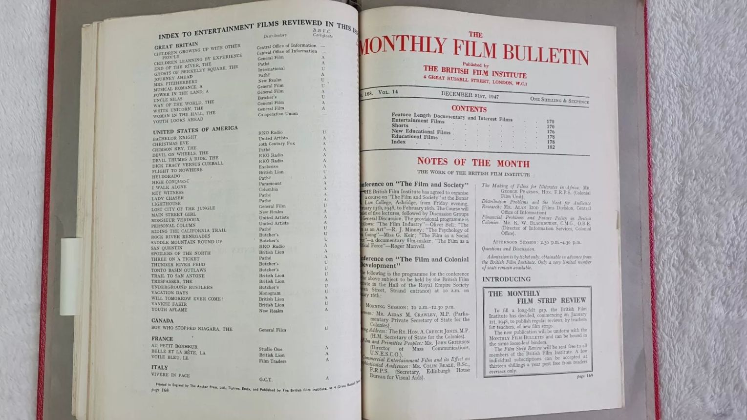 MONTHLY FILM BULLETIN magazine side cover Issue 168 December 1947