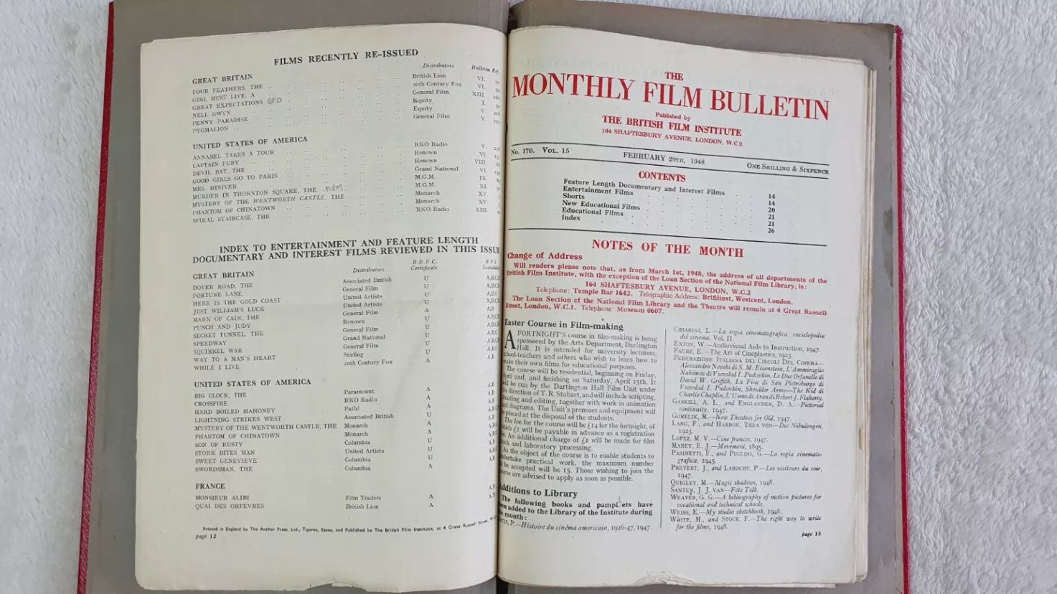 MONTHLY FILM BULLETIN magazine side cover Issue 170 February 1948