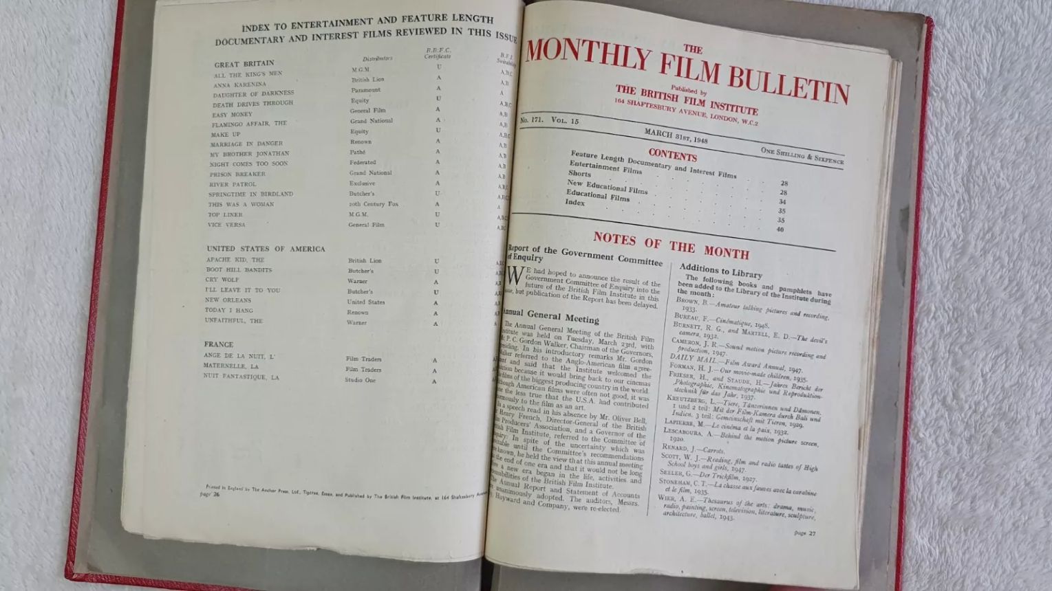 MONTHLY FILM BULLETIN magazine side cover Issue 171 March 1948