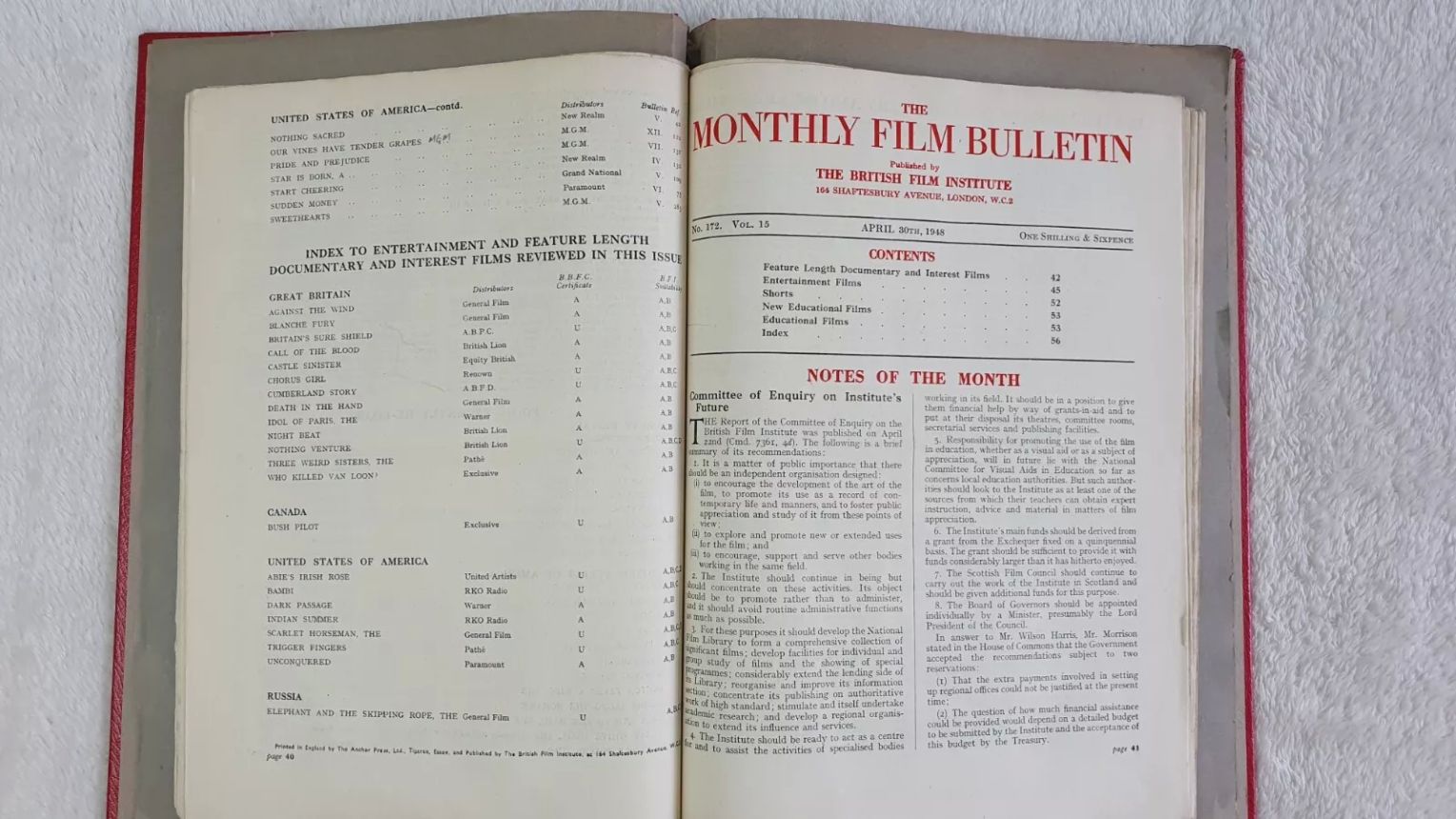 MONTHLY FILM BULLETIN magazine side cover Issue 172 April 1948