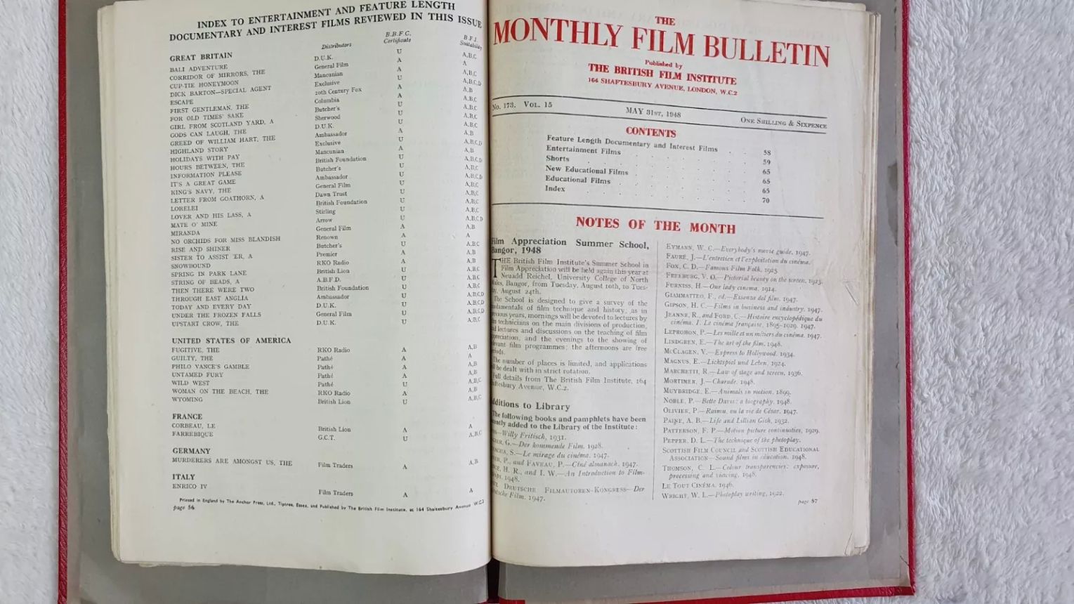 MONTHLY FILM BULLETIN magazine side cover Issue 173 May 1948