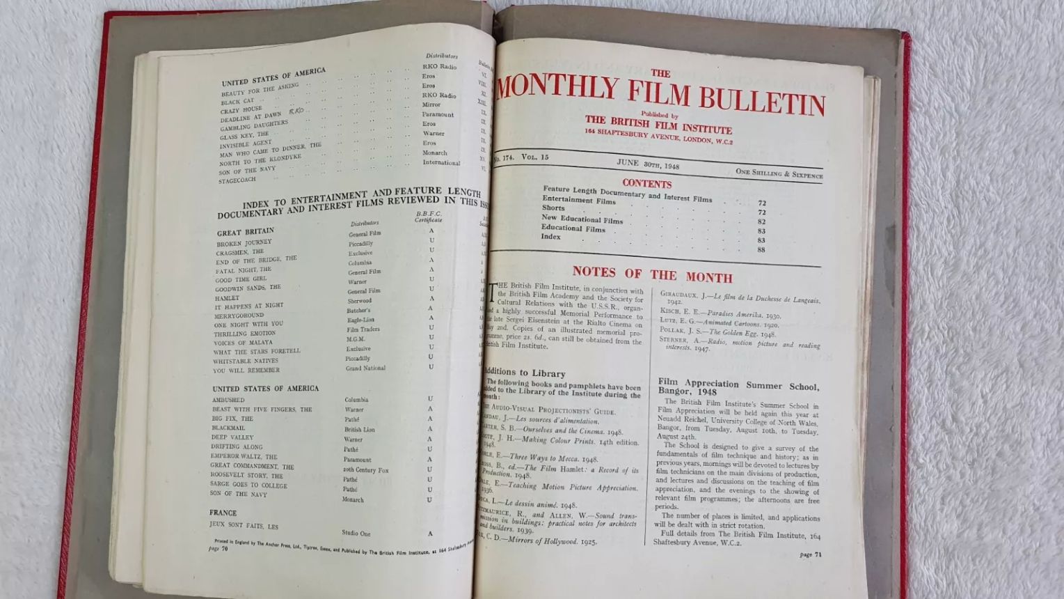 MONTHLY FILM BULLETIN magazine side cover Issue 174 June 1948
