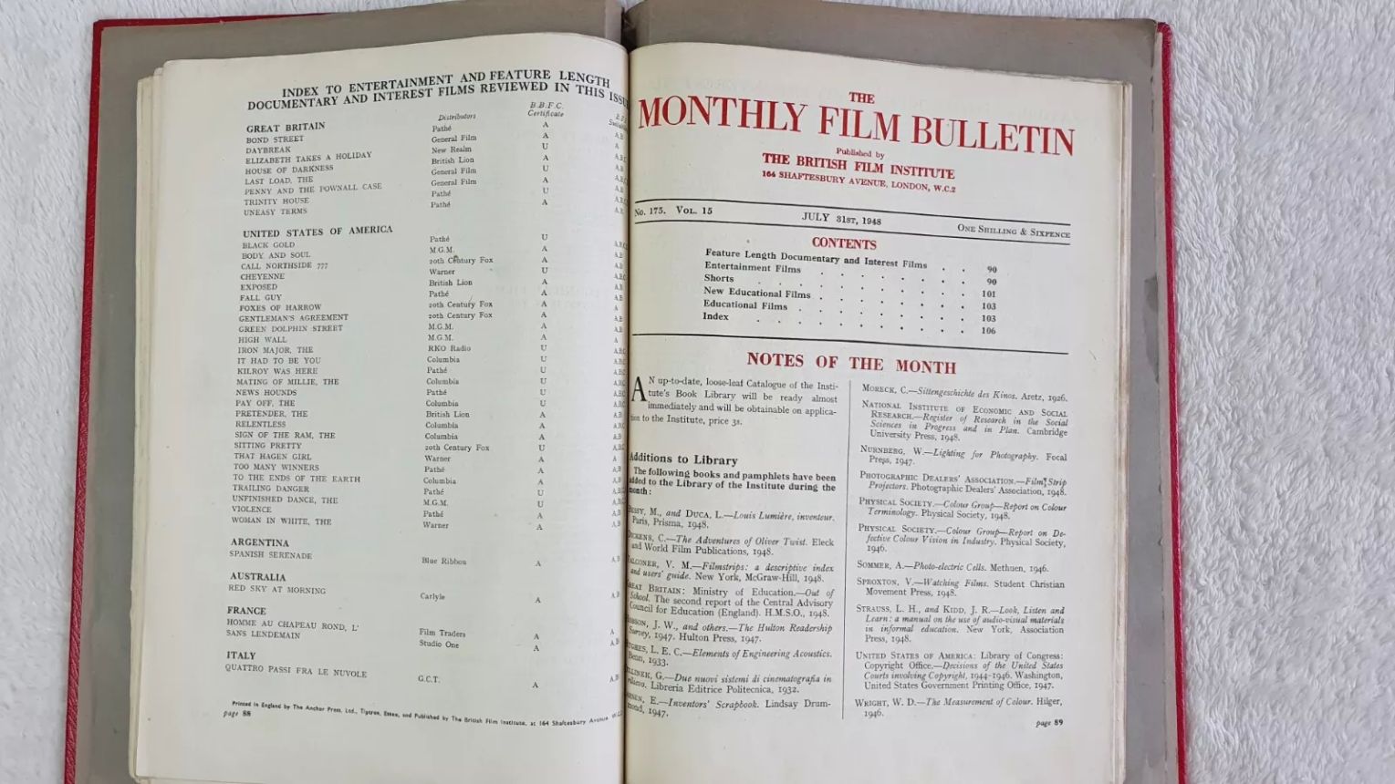MONTHLY FILM BULLETIN magazine side cover Issue 175 July 1948