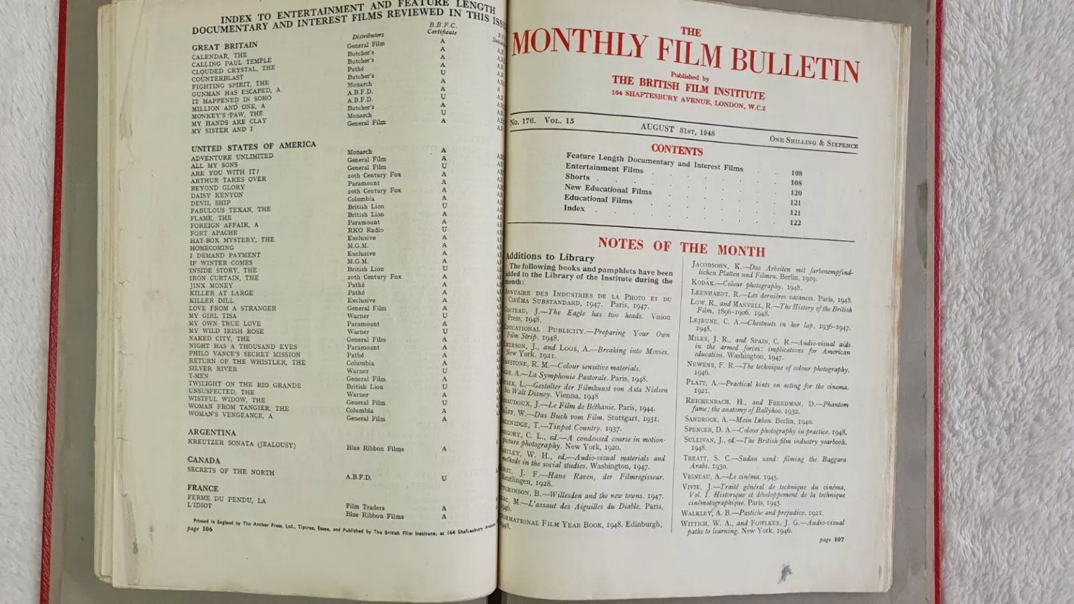 MONTHLY FILM BULLETIN magazine side cover Issue 176 August 1948