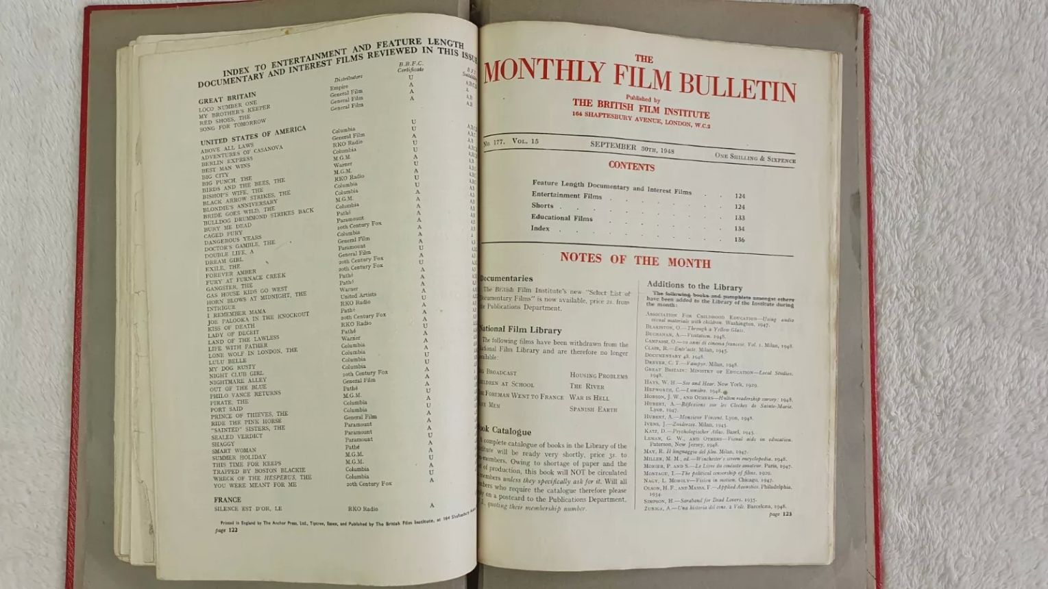 MONTHLY FILM BULLETIN magazine side cover Issue 177 September 1948