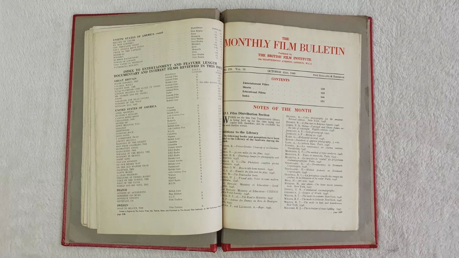 MONTHLY FILM BULLETIN magazine side cover Issue 178 October 1948