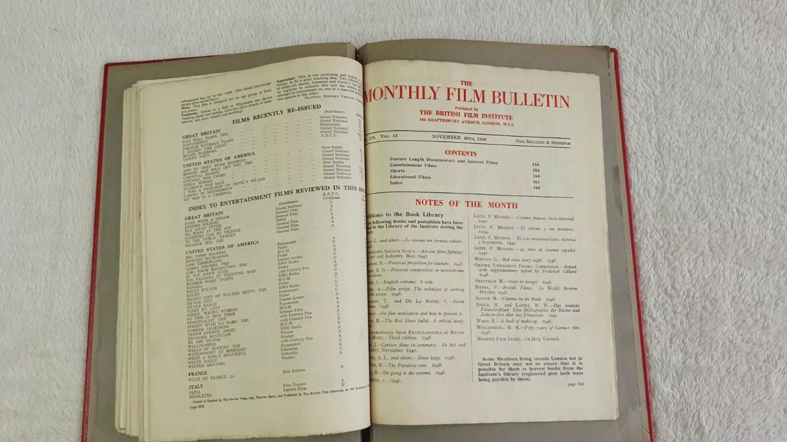MONTHLY FILM BULLETIN magazine side cover Issue 179 November 1948