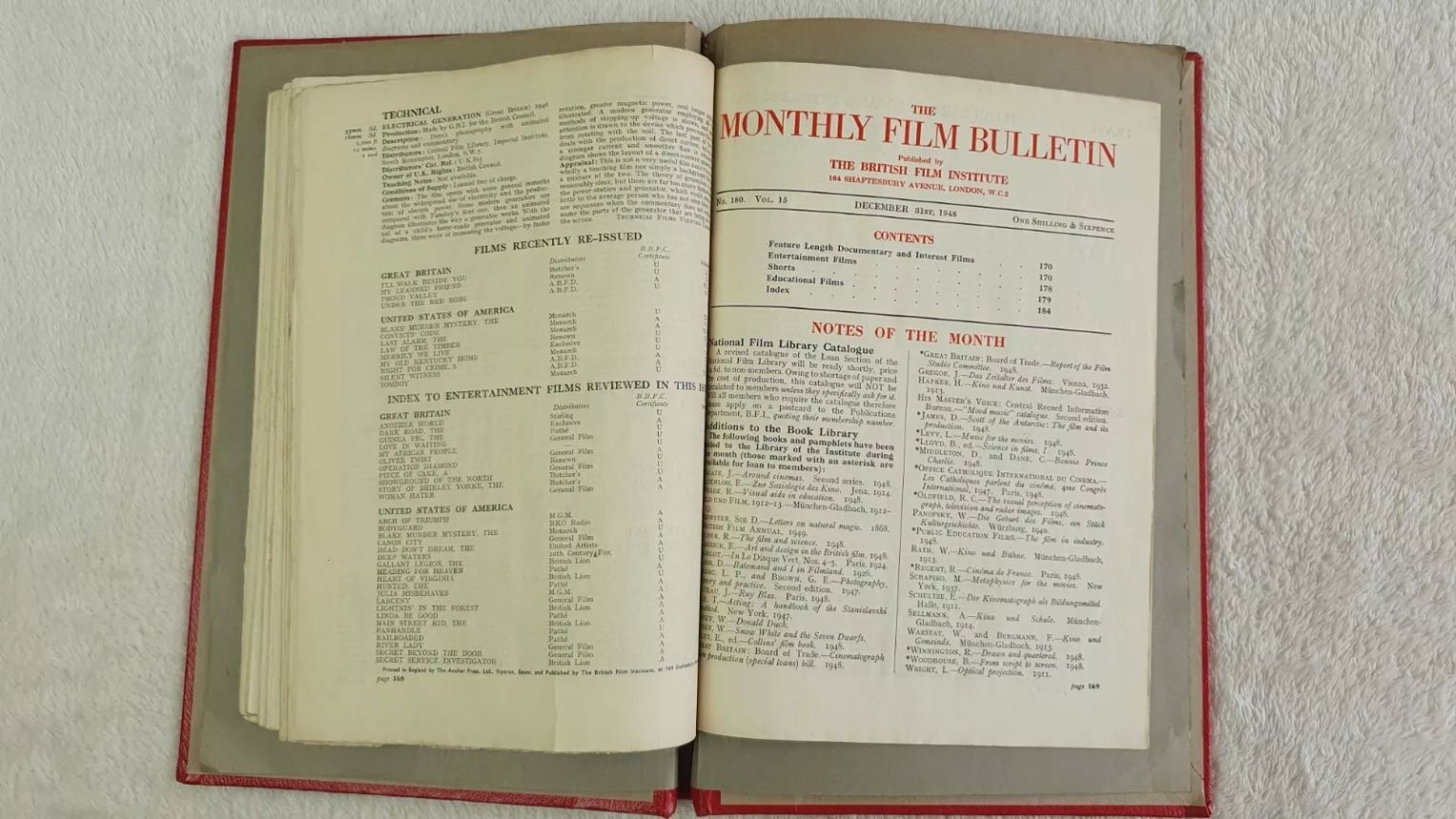 MONTHLY FILM BULLETIN magazine side cover Issue 180 December 1948
