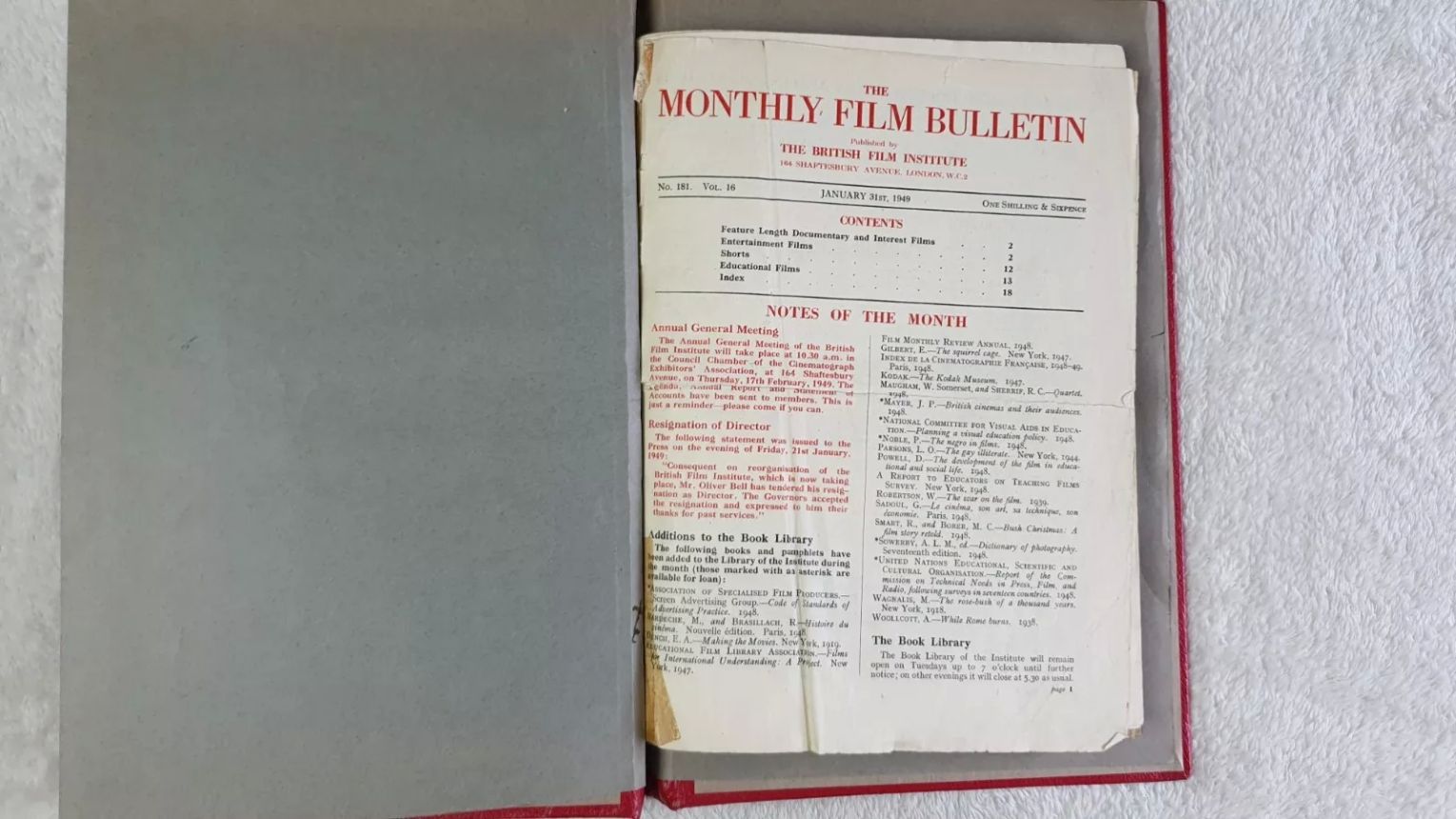 MONTHLY FILM BULLETIN magazine side cover Issue 181 January 1949