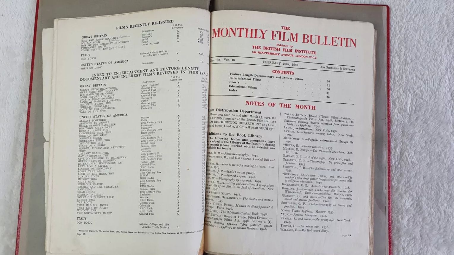 MONTHLY FILM BULLETIN magazine side cover Issue 182 February 1949