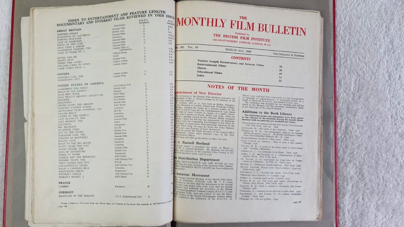 MONTHLY FILM BULLETIN magazine side cover Issue 183 March 1949