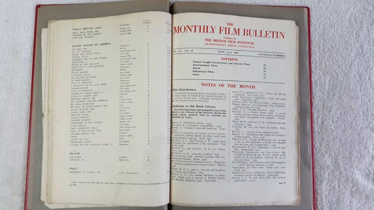 MONTHLY FILM BULLETIN magazine side cover Issue 184 April 1949