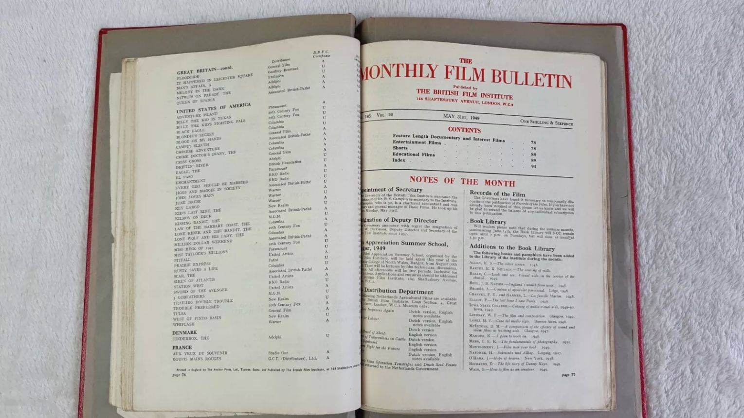 MONTHLY FILM BULLETIN magazine side cover Issue 185 May 1949