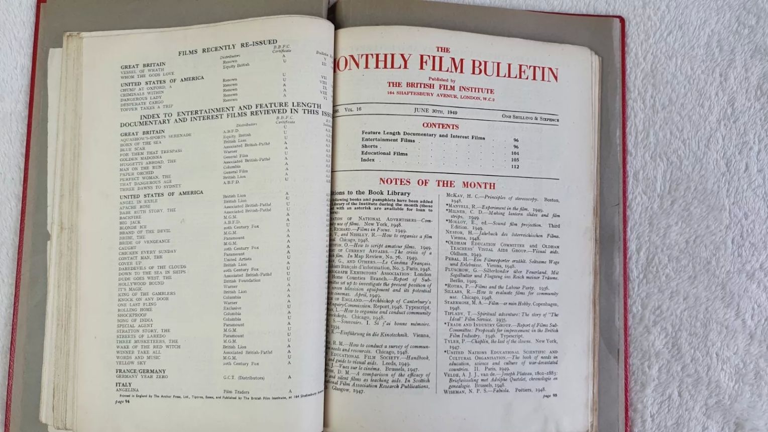 MONTHLY FILM BULLETIN magazine side cover Issue 186 June 1949