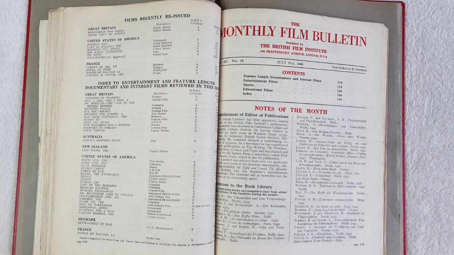 MONTHLY FILM BULLETIN magazine side cover Issue 187 July 1949