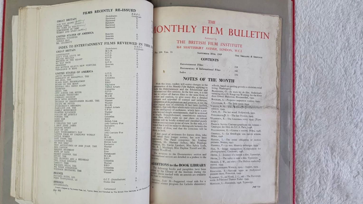 MONTHLY FILM BULLETIN magazine side cover Issue 189 September 1949